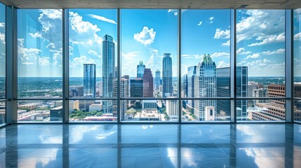 Panoramic city skyline views from modern floor-to-ceiling windows.