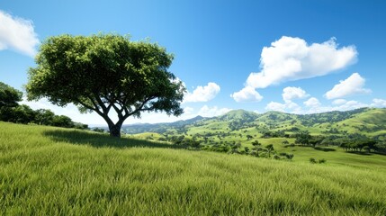 Fototapeta premium Solitary Tree on a Verdant Hill