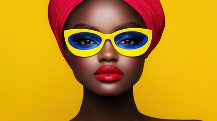 Bold and Bright: A striking portrait of a Black woman, radiant in a vibrant red head wrap and bold yellow and blue sunglasses against a sunny yellow backdrop.  