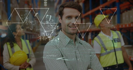 Image of data processing over diverse people working in warehouse