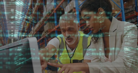 Image of data processing over diverse people working in warehouse