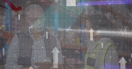 Image of data processing over diverse people working in warehouse