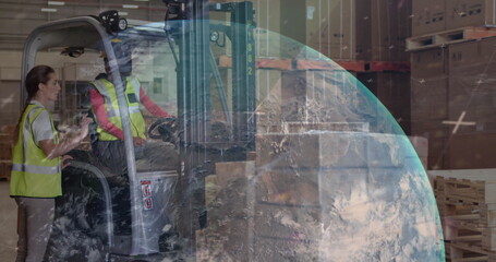 Image of globe and data processing over diverse people working in warehouse