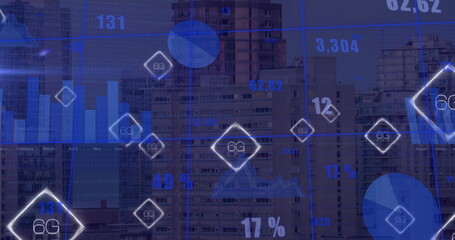 Image of 6g icons and charts processing data over city at night
