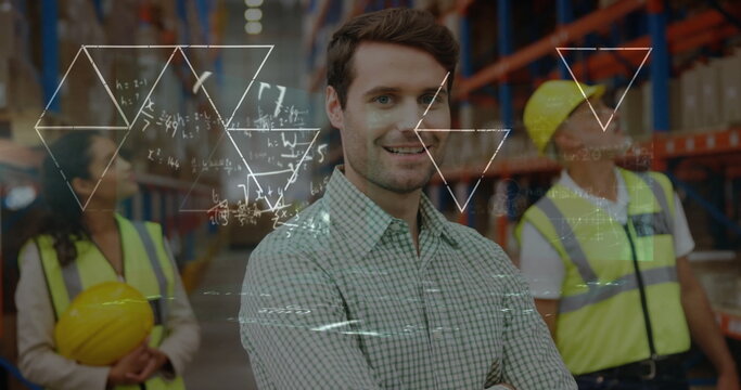 Image of data processing over diverse people working in warehouse