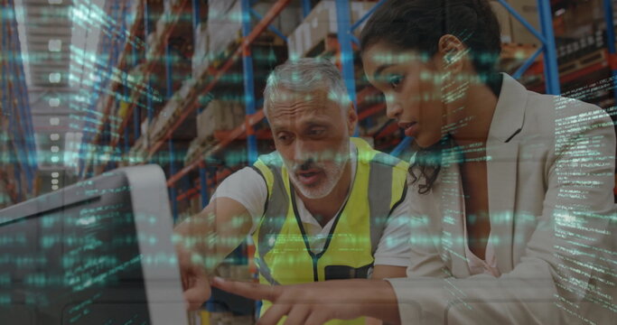 Image of data processing over diverse people working in warehouse