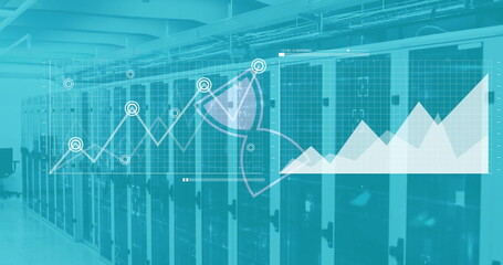 Image of hourglass icon and financial data processing over computer severs