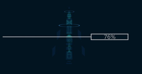 Image of data processing over rocket blueprint on black background