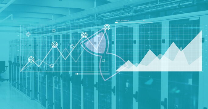Image of hourglass icon and financial data processing over computer severs - Powered by Adobe