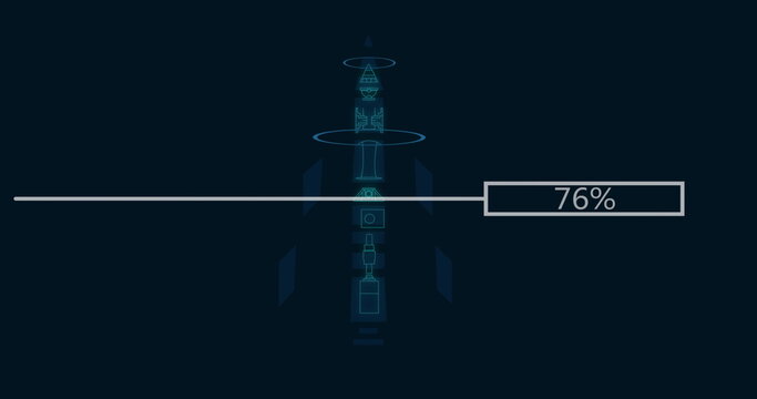 Image of data processing over rocket blueprint on black background - Powered by Adobe