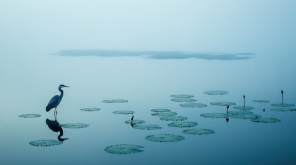 A serene lake with lily pads floating on the surface, while a graceful heron stands still in the shallow water. 