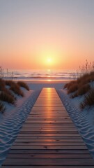A serene beach scene with a wooden walkway leading to the ocean at sunset