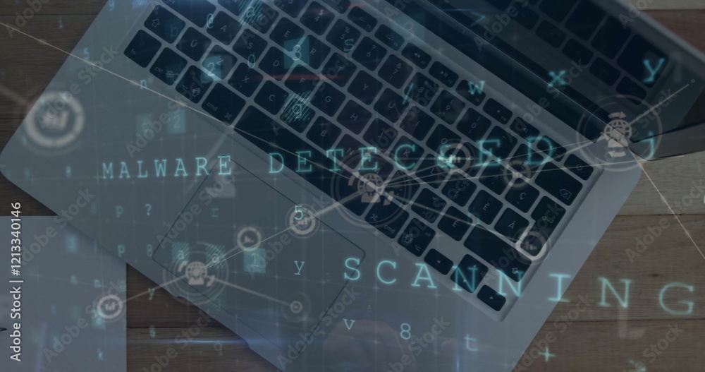 Poster image of malware detected text with network and data processing over laptop on desk