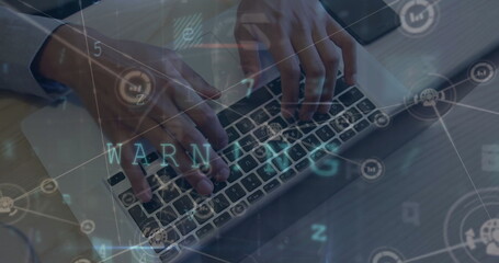 Image of firewall disabled text and data network over hands of caucasian man using laptop