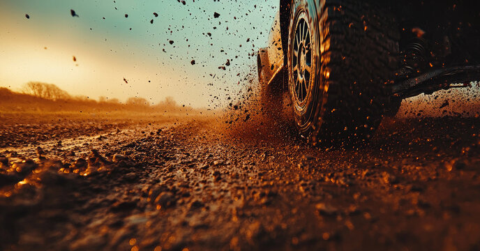 Off road vehicle splashing mud on dirt road at sunset