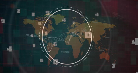 Image of dna strand and data processing over world map