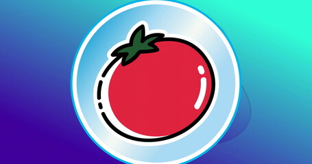 Image of red tomato over blue liquid background
