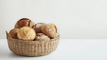 of freshly baked bread loaves and rolls, placed on a clean white background 
