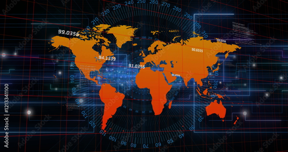 Poster image of digital data processing over world map on dark background