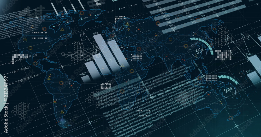 Poster image of diagrams and data processing over world map