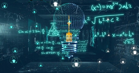 Image of light bulb with network of connections over mathematical equations on blue background