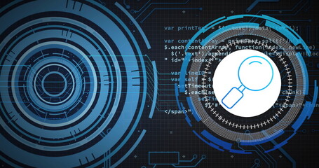 Image of data processing over blue circular scanners and search icon on black background