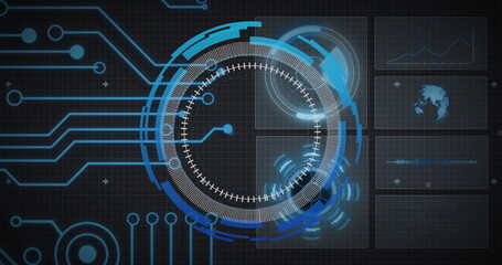 Obraz premium Image of motherboard network and circular scanner processing, over charts and globe on black
