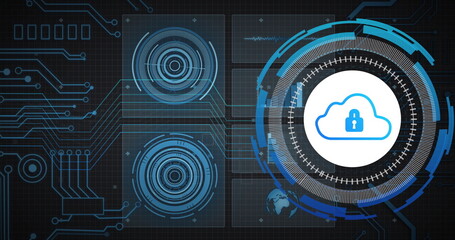 Image of network, charts processing data and scanner with padlock cloud icon