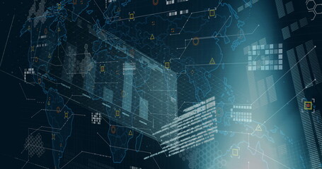 Image of diagrams and data processing over world map