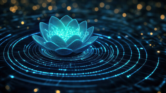 Nodes flower, A digital artwork featuring a flower design intertwined with binary code, emphasizing high fidelity and modern technology themes.