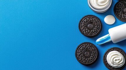 A top-down view of Oreo cookies on a blue background, featuring one cookie being filled with cream from a squeeze bottle.