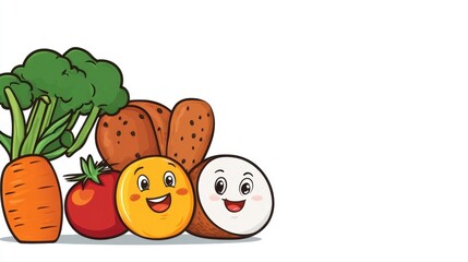 Cute Cartoon Vegetables and Fruits with Happy Faces on White Background