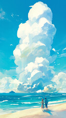 Fototapeta premium 日本の夏の訪れを感じている、海を見つめている人。1980年、1990年代の古く懐かしい日本のアニメをモチーフにしたイラスト。柔らかな水彩タッチで描いている。スマートフォン9:16のアスペクト比