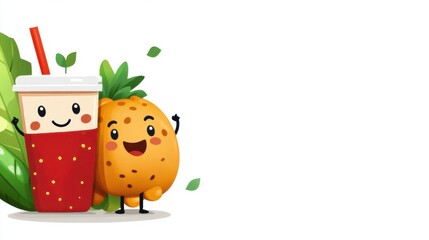 Fototapeta premium Cute Cartoon Characters of Fruit Drink and Cookie Together Happy