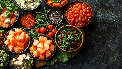 Top-down view assorted healthy dishes with a creative layout and space for customizable text