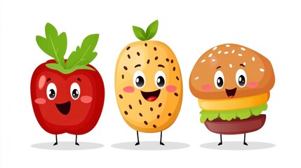 Cheerful Cartoon Characters of Apple, Melon, and Hamburger Delight