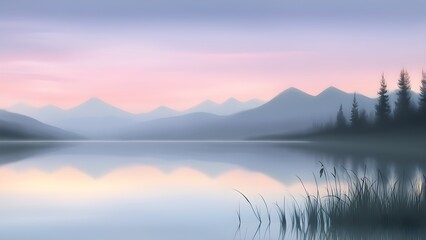 Fototapeta premium Serene pastel-hued landscape painting of a tranquil lake reflecting a soft sunrise over misty mountains, with tall grasses in the foreground.