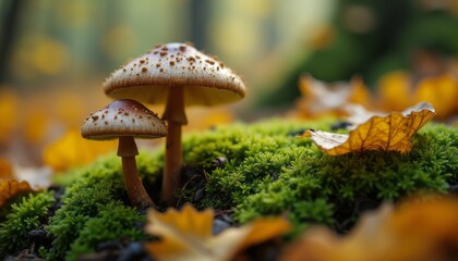 Two charming mushrooms rise gracefully from a lush green moss bed, surrounded by a tapestry of fallen autumn leaves. This serene woodland scene captures the essence of natures beauty, evoking a sense