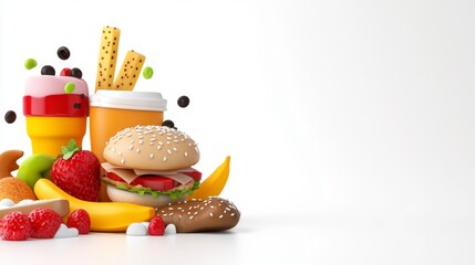 Colorful and Fun 3D Illustration of Fast Food and Sweet Treats