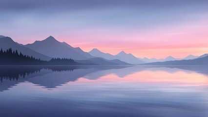 Fototapeta premium Serene pastel sunset reflected in a calm lake with silhouetted mountains and a forest in the distance.