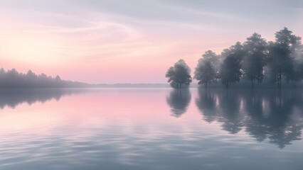 Fototapeta premium Serene pink sunrise over a calm lake reflecting a misty forest.