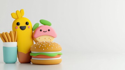 Cute Cartoon Characters with Fast Food Items on a Minimalist Background