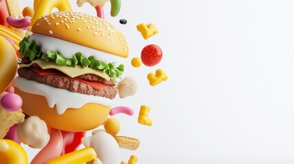 Colorful 3D Food Composition with Hamburger and Snacks on White Background