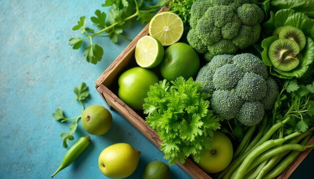A wooden crate brimming with a colorful array of fresh green vegetables and fruits, including broccoli, limes, and leafy greens. This image captures the essence of healthy eating, showcasing the
