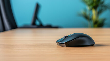 A sleek black mouse rests on a wooden desk, with a blurred background featuring a plant and a computer monitor, suggesting a modern workspace.