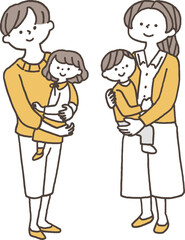 子供を抱っこしているママ友単色