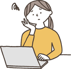 パソコンを見て困っている女性単色
