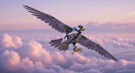 Metallic Falcon Soaring: A Serene, Chrome-Winged Flight