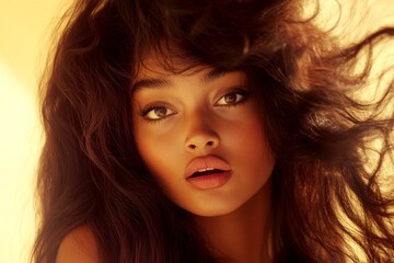 Naklejka premium Stunning very startled mixed-race girl - for ads, flyer and digital use. Commercial ad campaign conceptual art. Long hairdo - beach waves hair. Black girl vibrancy. Vibrant hair fashion models.