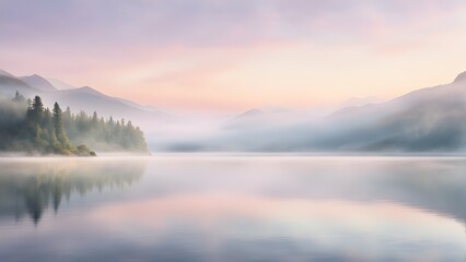 Fototapeta premium Serene sunrise over a tranquil lake nestled between misty mountains, reflecting a pastel sky.
